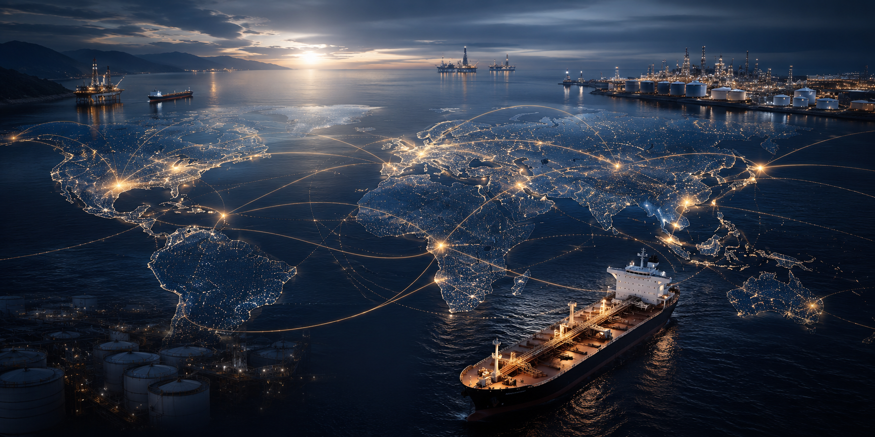Global energy trade network visual representing Rayenna Oil's international reach