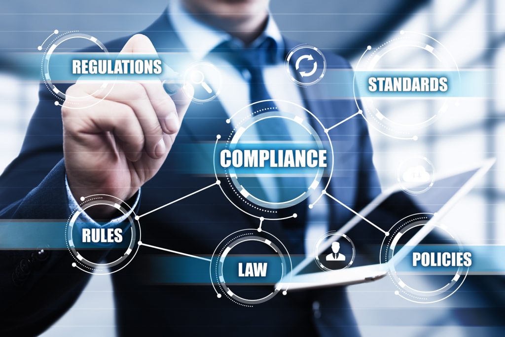 Compliance controls graphic showing regulations, standards, rules, and policies