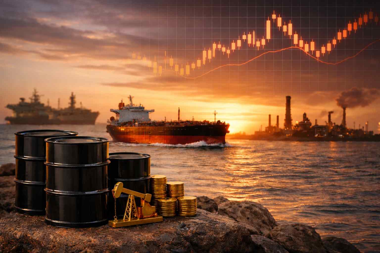 Crude oil shipment and refinery infrastructure at sunset